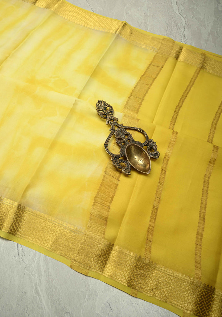 Yellow-Cream Mysore Crepe Silk Saree with Shibori Dye and Zari Borders | SILK MARK CERTIFIED