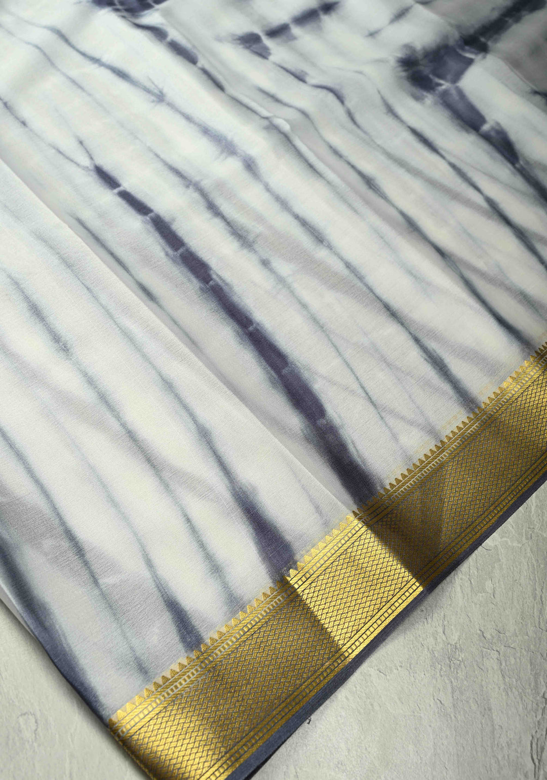 White-Gray Mysore Crepe Silk Saree with Shibori Dye and Zari Borders | SILK MARK CERTIFIED