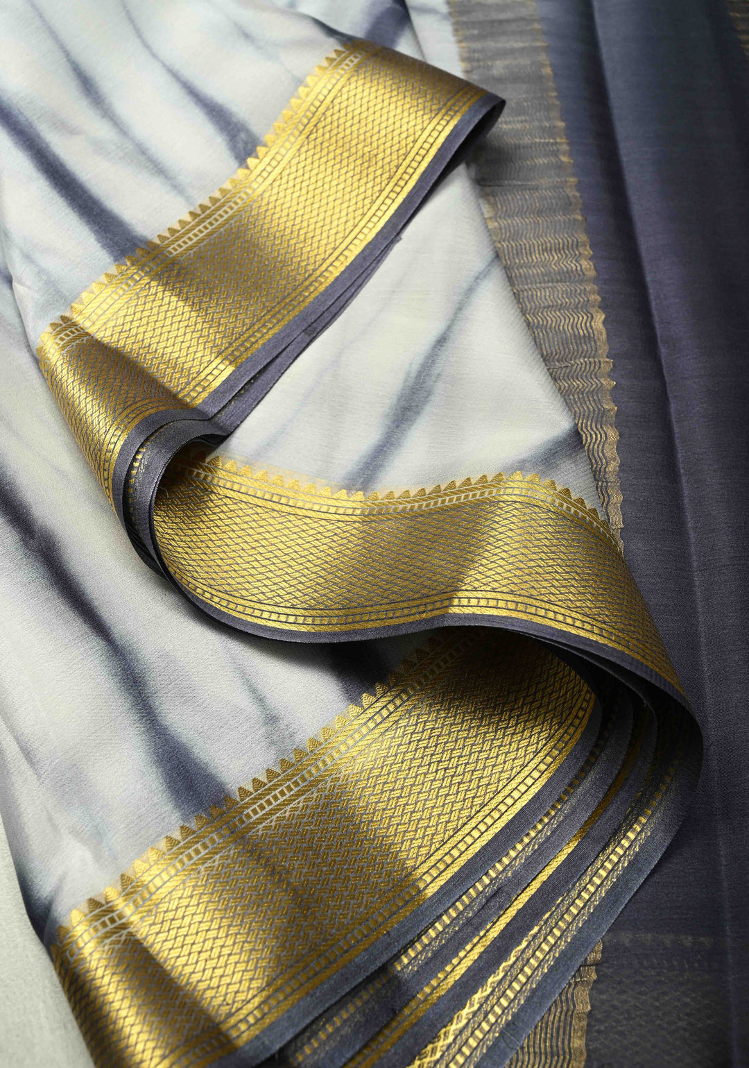 White-Gray Mysore Crepe Silk Saree with Shibori Dye and Zari Borders | SILK MARK CERTIFIED