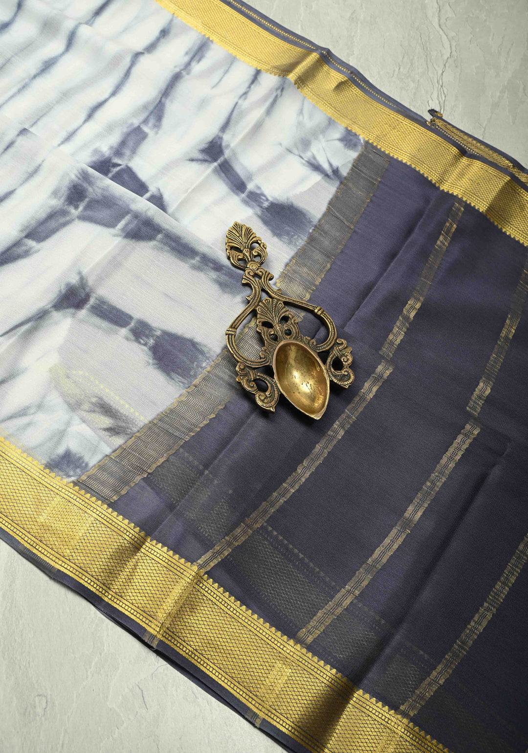White-Gray Mysore Crepe Silk Saree with Shibori Dye and Zari Borders | SILK MARK CERTIFIED