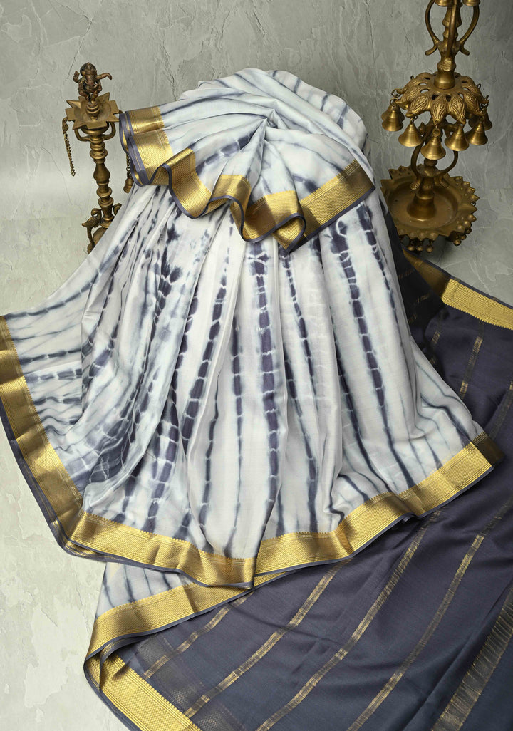 White-Gray Mysore Crepe Silk Saree with Shibori Dye and Zari Borders | SILK MARK CERTIFIED