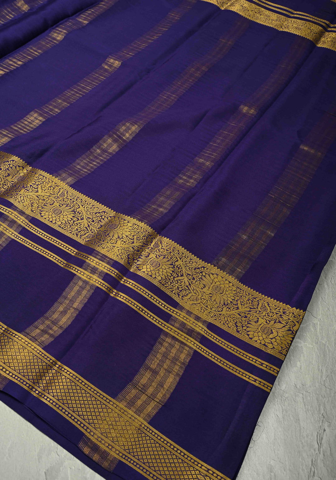 Sage Green Mysore Silk Saree with  Digital Print and Contrast Purple Zari Borders  | Silk Mark Certified