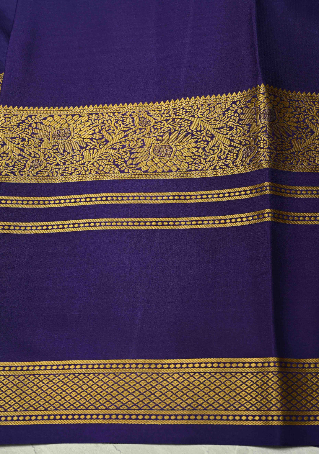 Sage Green Mysore Silk Saree with  Digital Print and Contrast Purple Zari Borders  | Silk Mark Certified