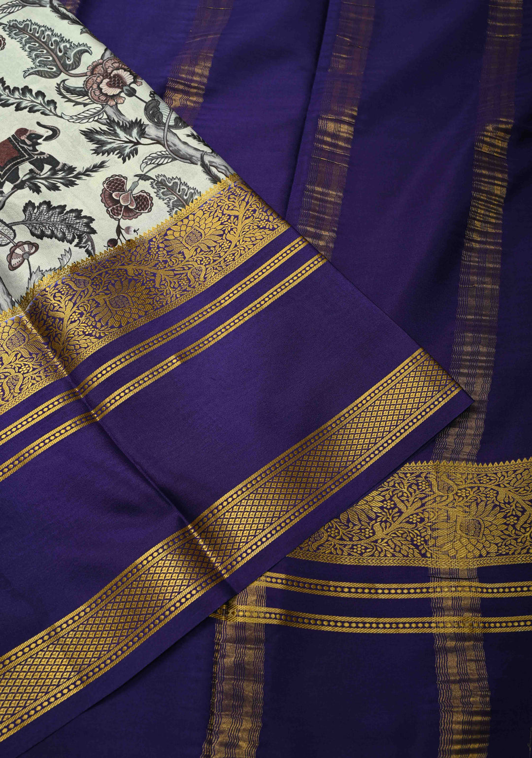 Sage Green Mysore Silk Saree with  Digital Print and Contrast Purple Zari Borders  | Silk Mark Certified