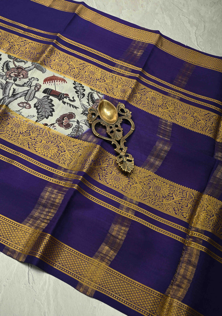 Sage Green Mysore Silk Saree with  Digital Print and Contrast Purple Zari Borders  | Silk Mark Certified