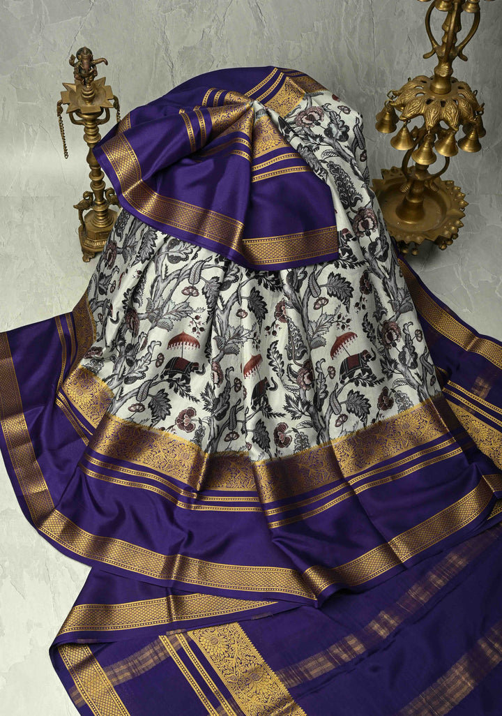Sage Green Mysore Silk Saree with  Digital Print and Contrast Purple Zari Borders  | Silk Mark Certified