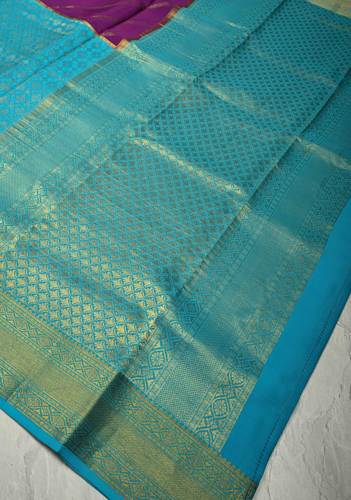 KSIC Grade Thickness Purple-Cyan Half Border Mysore Silk Saree with Brocade Jaal and Daignoal Stripes | SILK MARK CERTIFIED