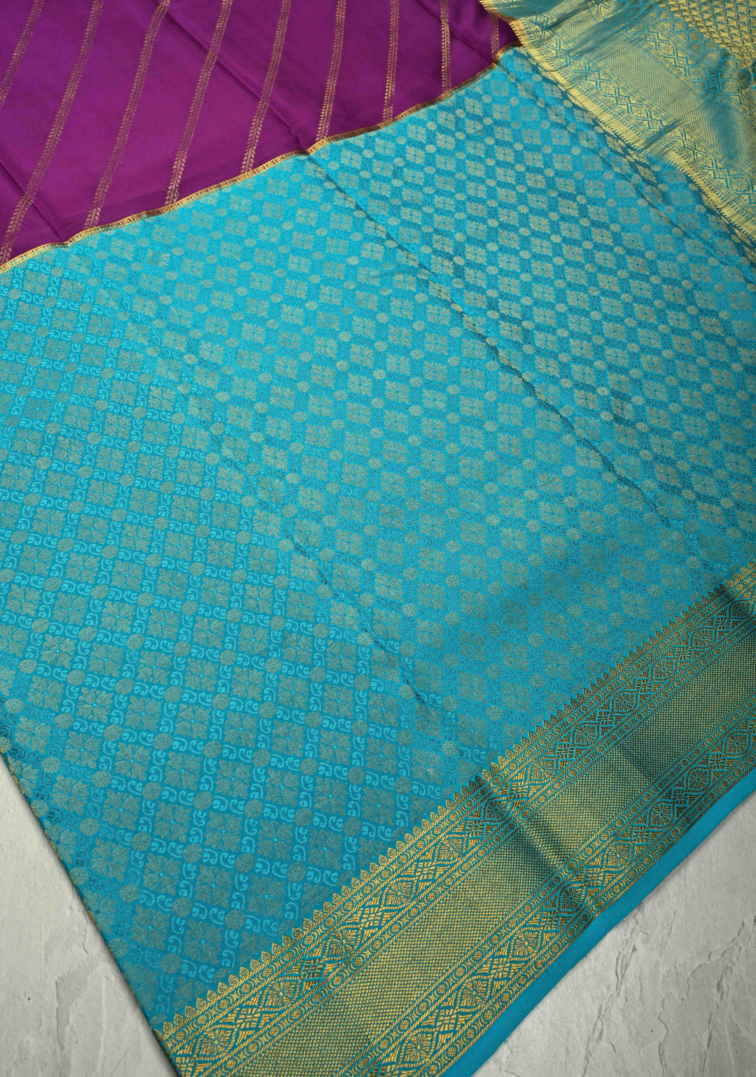 KSIC Grade Thickness Purple-Cyan Half Border Mysore Silk Saree with Brocade Jaal and Daignoal Stripes | SILK MARK CERTIFIED