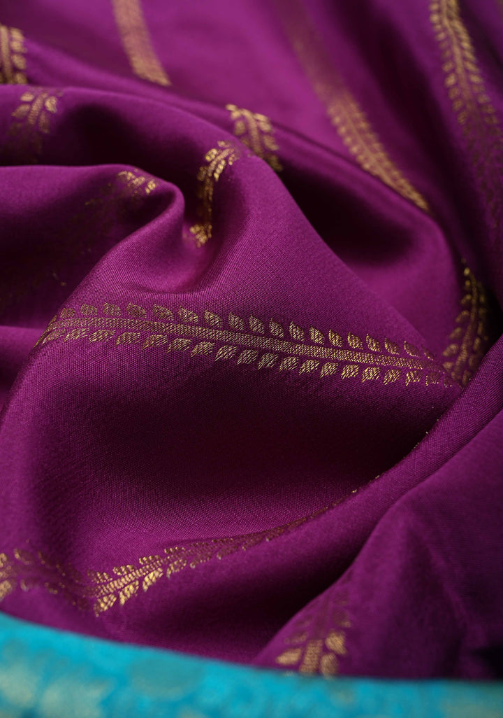 KSIC Grade Thickness Purple-Cyan Half Border Mysore Silk Saree with Brocade Jaal and Daignoal Stripes | SILK MARK CERTIFIED