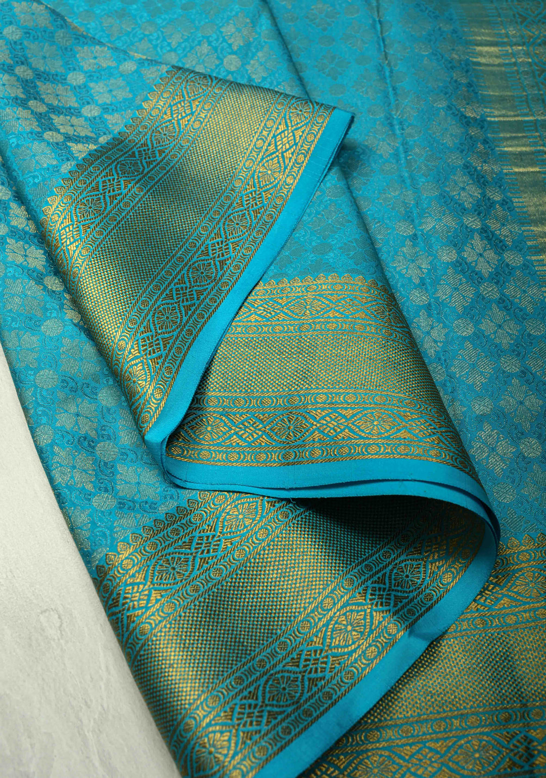 KSIC Grade Thickness Purple-Cyan Half Border Mysore Silk Saree with Brocade Jaal and Daignoal Stripes | SILK MARK CERTIFIED