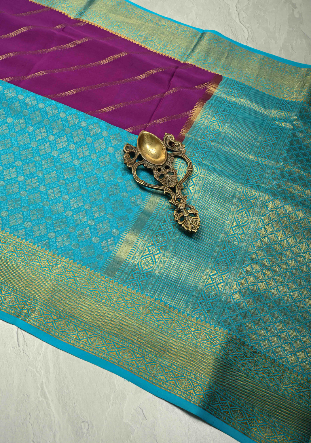 KSIC Grade Thickness Purple-Cyan Half Border Mysore Silk Saree with Brocade Jaal and Daignoal Stripes | SILK MARK CERTIFIED