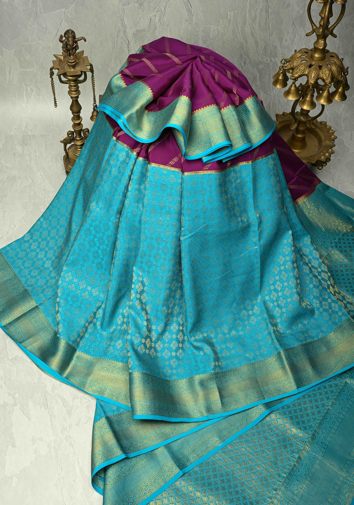 KSIC Grade Thickness Purple-Cyan Half Border Mysore Silk Saree with Brocade Jaal and Daignoal Stripes | SILK MARK CERTIFIED