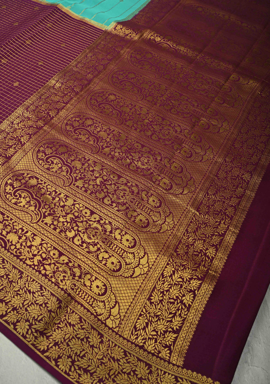 KSIC Grade Thickness Turquoise and Purple Vertical Stripes Mysore Silk Saree with Zari Butta and Half Checks Border  | SILK MARK CERTIFIED