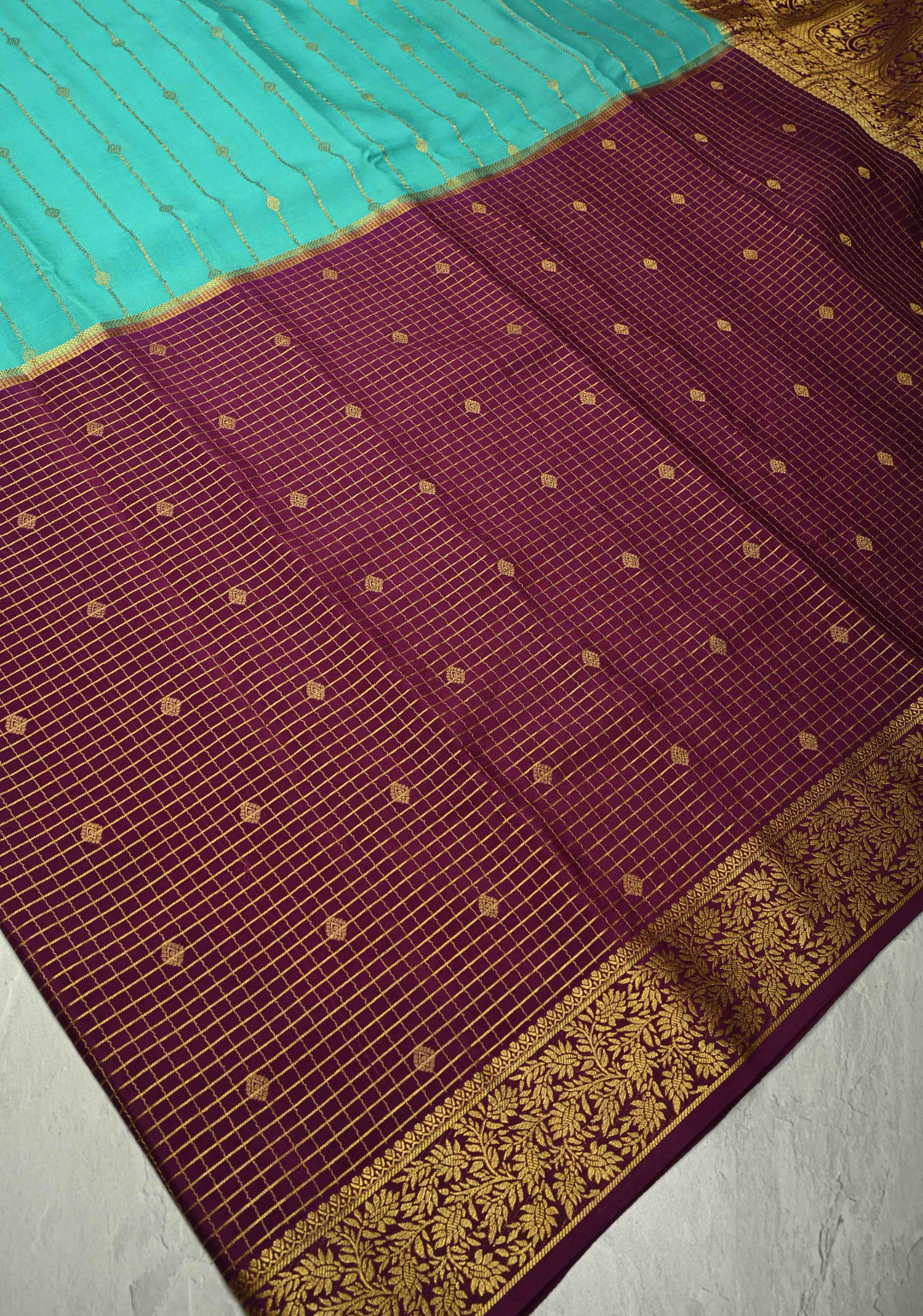 KSIC Grade Thickness Turquoise and Purple Vertical Stripes Mysore Silk Saree with Zari Butta and Half Checks Border  | SILK MARK CERTIFIED
