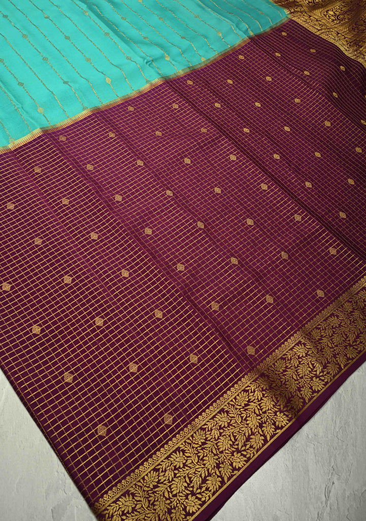 KSIC Grade Thickness Turquoise and Purple Vertical Stripes Mysore Silk Saree with Zari Butta and Half Checks Border  | SILK MARK CERTIFIED