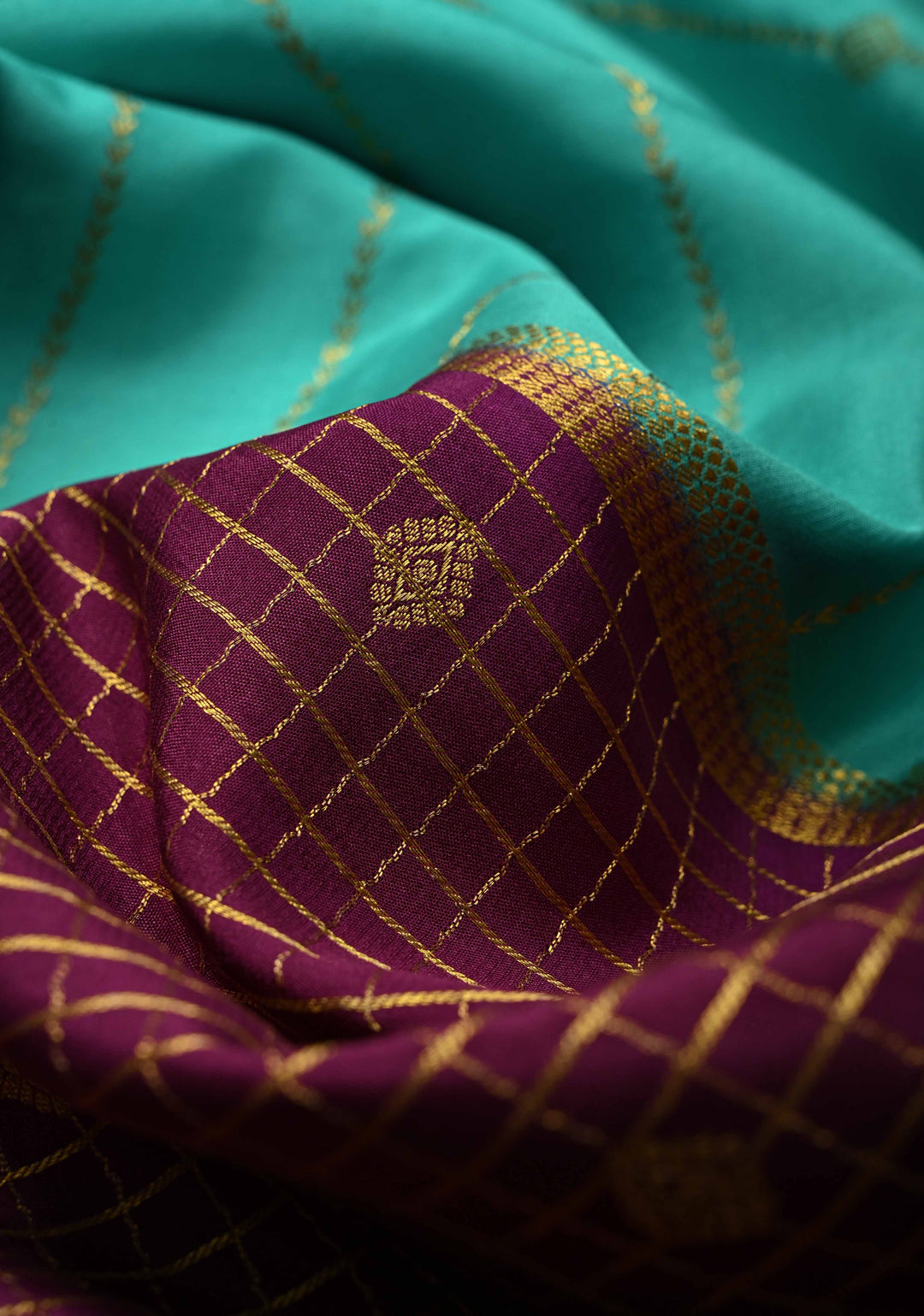 KSIC Grade Thickness Turquoise and Purple Vertical Stripes Mysore Silk Saree with Zari Butta and Half Checks Border  | SILK MARK CERTIFIED