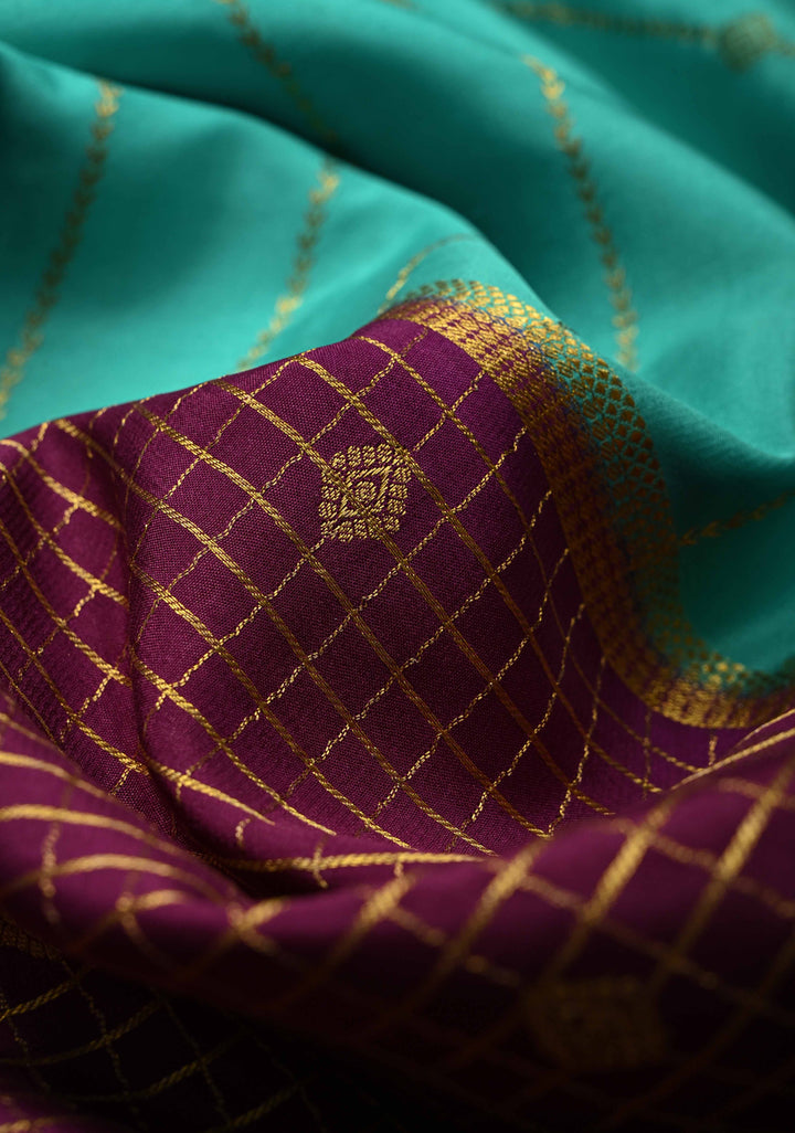 KSIC Grade Thickness Turquoise and Purple Vertical Stripes Mysore Silk Saree with Zari Butta and Half Checks Border  | SILK MARK CERTIFIED