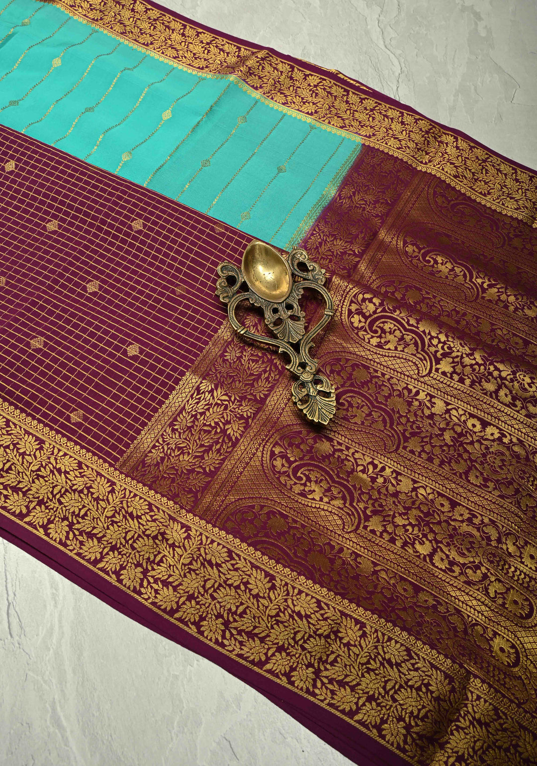 KSIC Grade Thickness Turquoise and Purple Vertical Stripes Mysore Silk Saree with Zari Butta and Half Checks Border  | SILK MARK CERTIFIED