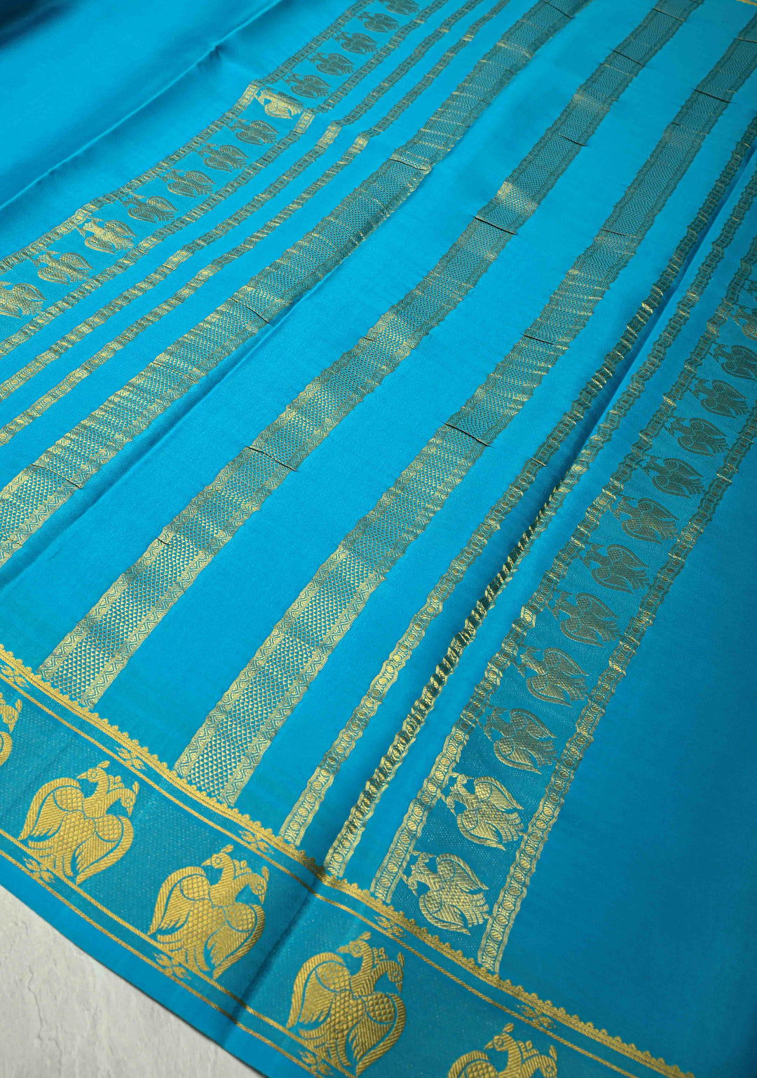 KSIC Grade Thickness Ananda Blue Pure Mysore Silk Saree with Gandaberunda Buttas on Border | SILK MARK CERTIFIED