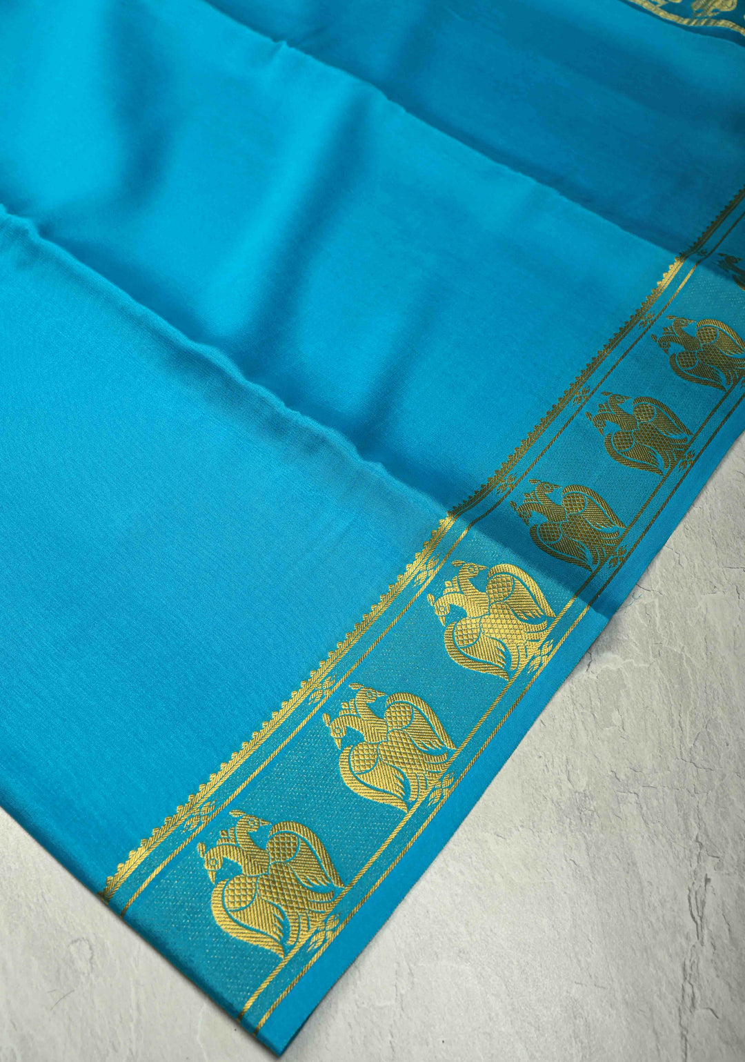 KSIC Grade Thickness Ananda Blue Pure Mysore Silk Saree with Gandaberunda Buttas on Border | SILK MARK CERTIFIED