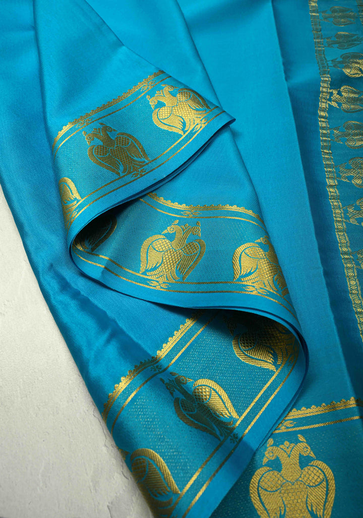 KSIC Grade Thickness Ananda Blue Pure Mysore Silk Saree with Gandaberunda Buttas on Border | SILK MARK CERTIFIED
