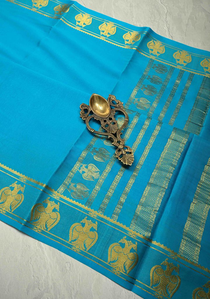KSIC Grade Thickness Ananda Blue Pure Mysore Silk Saree with Gandaberunda Buttas on Border | SILK MARK CERTIFIED