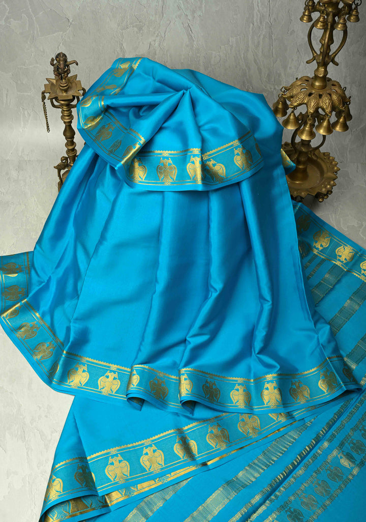 KSIC Grade Thickness Ananda Blue Pure Mysore Silk Saree with Gandaberunda Buttas on Border | SILK MARK CERTIFIED
