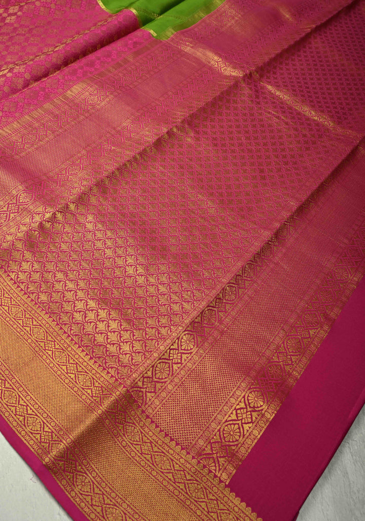 KSIC Grade Thickness Sap Green-Dark Pink Half Border Mysore Silk Saree with Brocade Jaal and Daignoal Stripes | SILK MARK CERTIFIED