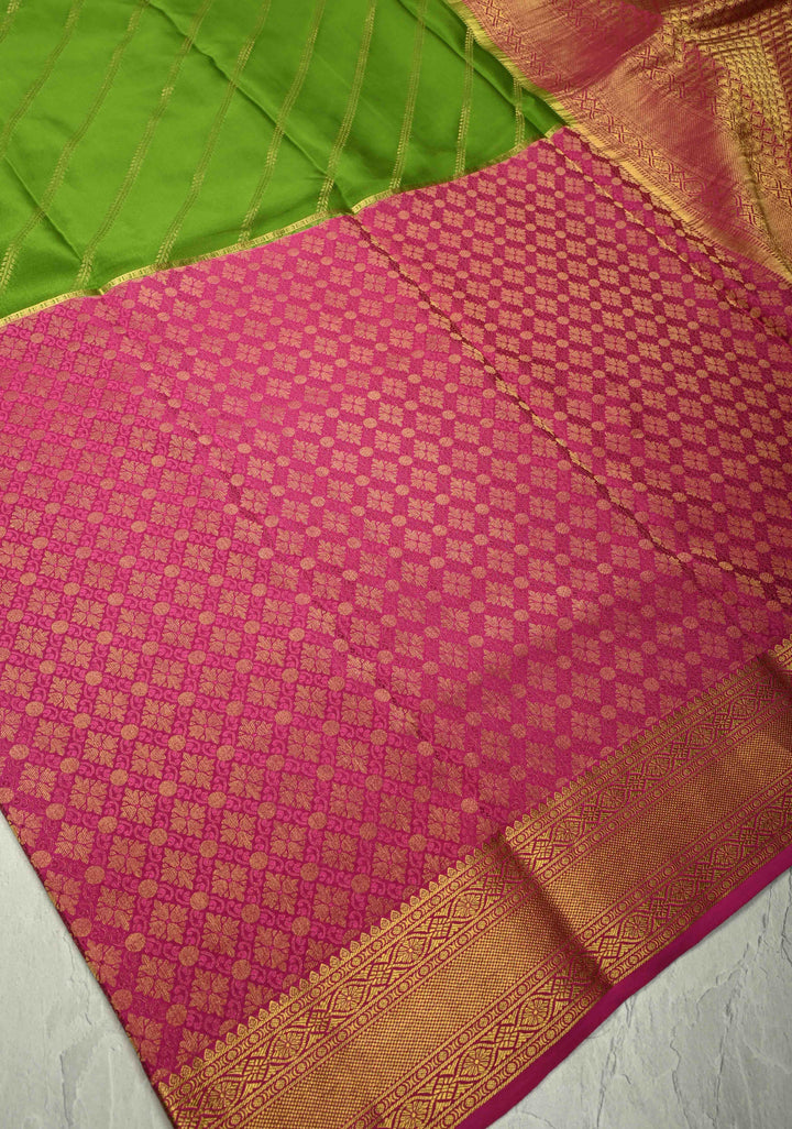 KSIC Grade Thickness Sap Green-Dark Pink Half Border Mysore Silk Saree with Brocade Jaal and Daignoal Stripes | SILK MARK CERTIFIED