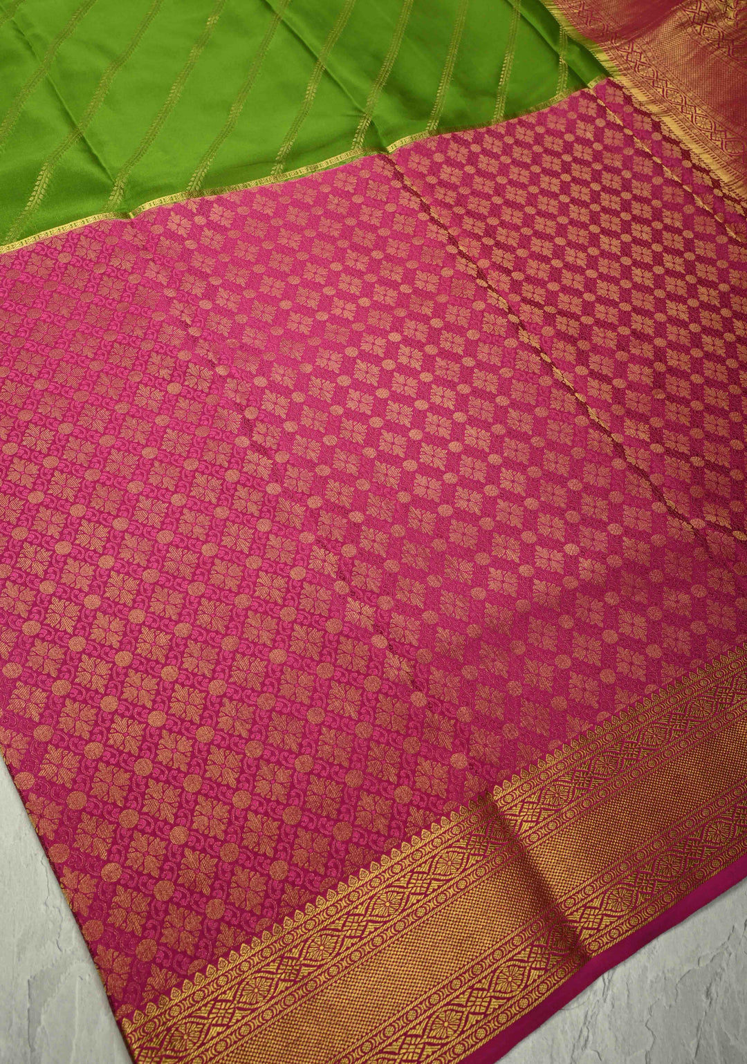 KSIC Grade Thickness Sap Green-Dark Pink Half Border Mysore Silk Saree with Brocade Jaal and Daignoal Stripes | SILK MARK CERTIFIED