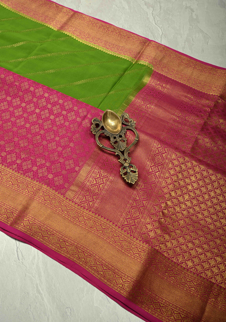 KSIC Grade Thickness Sap Green-Dark Pink Half Border Mysore Silk Saree with Brocade Jaal and Daignoal Stripes | SILK MARK CERTIFIED