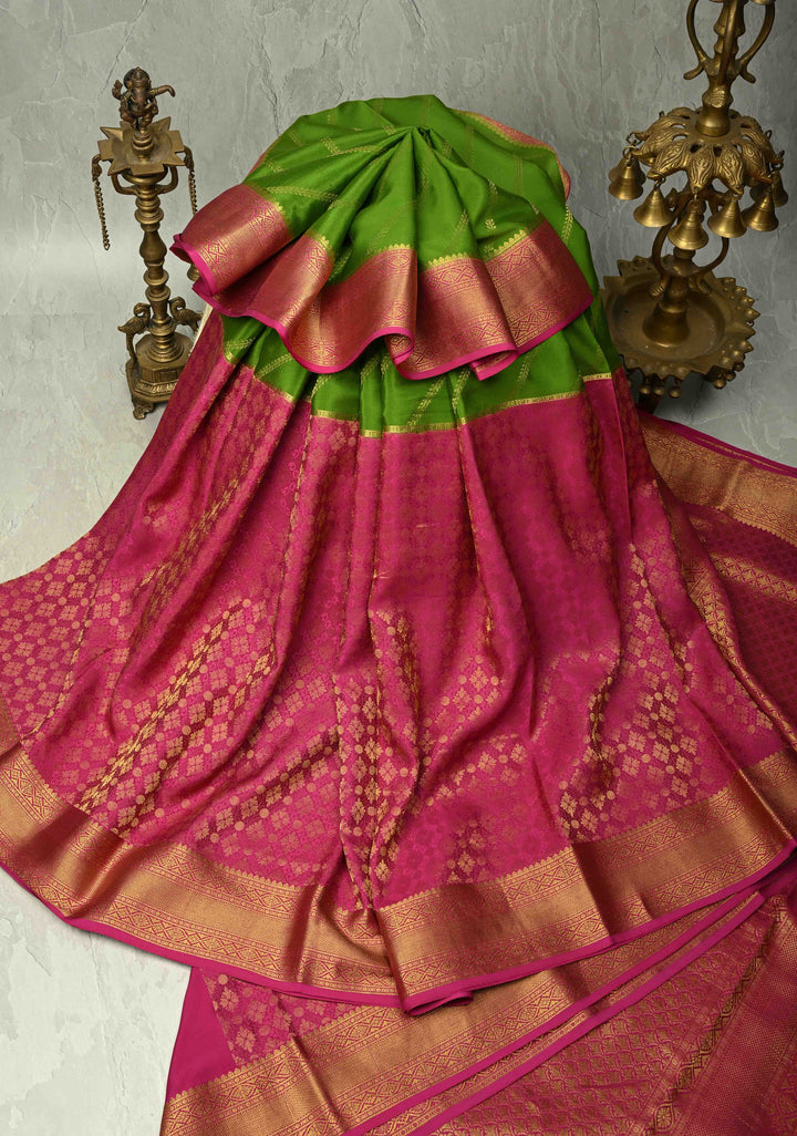 KSIC Grade Thickness Sap Green-Dark Pink Half Border Mysore Silk Saree with Brocade Jaal and Daignoal Stripes | SILK MARK CERTIFIED