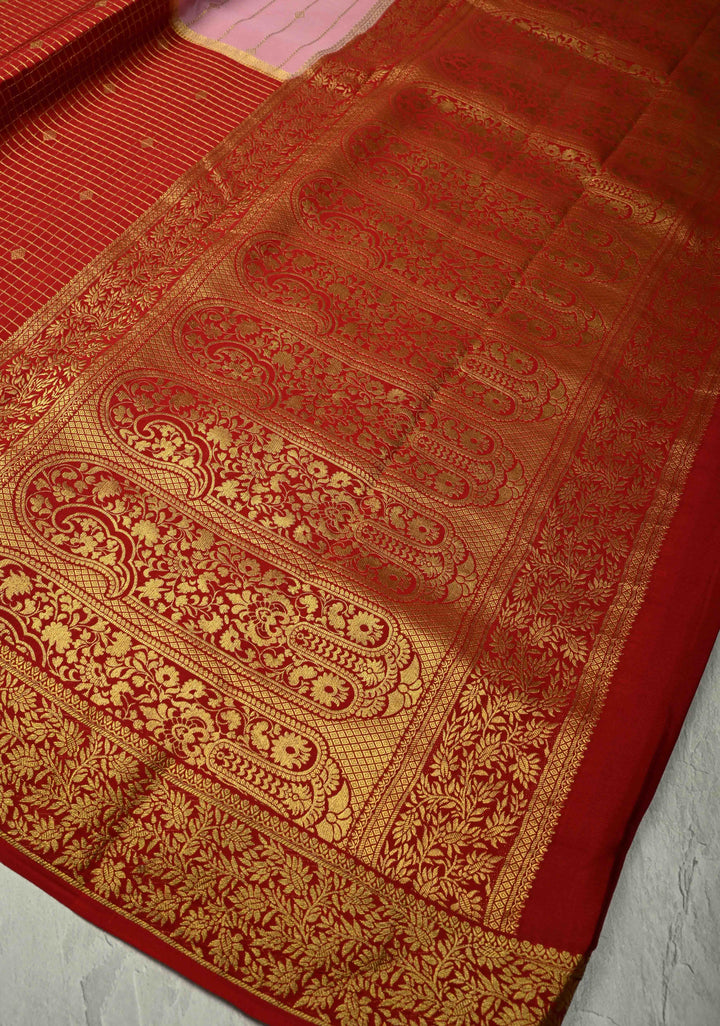 KSIC Grade Thickness Rose Pink- Red Pure Mysore Silk Saree with Vertical Zari Stripes and Contrast Zari border | SILK MARK CERTIFIED