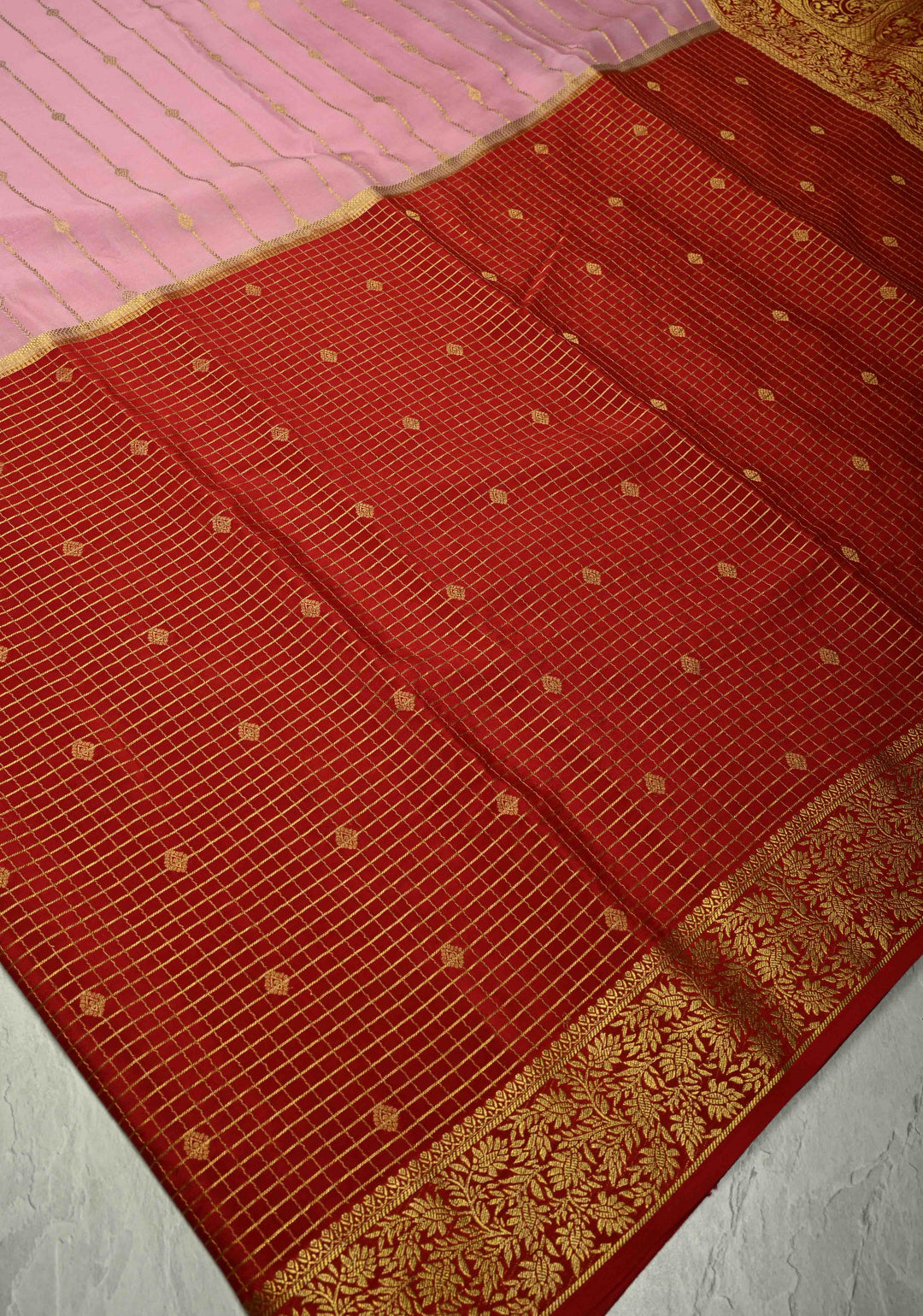 KSIC Grade Thickness Rose Pink- Red Pure Mysore Silk Saree with Vertical Zari Stripes and Contrast Zari border | SILK MARK CERTIFIED