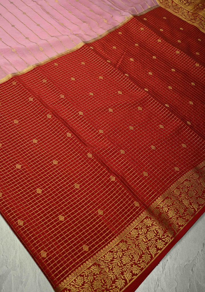 KSIC Grade Thickness Rose Pink- Red Pure Mysore Silk Saree with Vertical Zari Stripes and Contrast Zari border | SILK MARK CERTIFIED