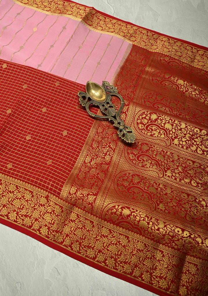 KSIC Grade Thickness Rose Pink- Red Pure Mysore Silk Saree with Vertical Zari Stripes and Contrast Zari border | SILK MARK CERTIFIED