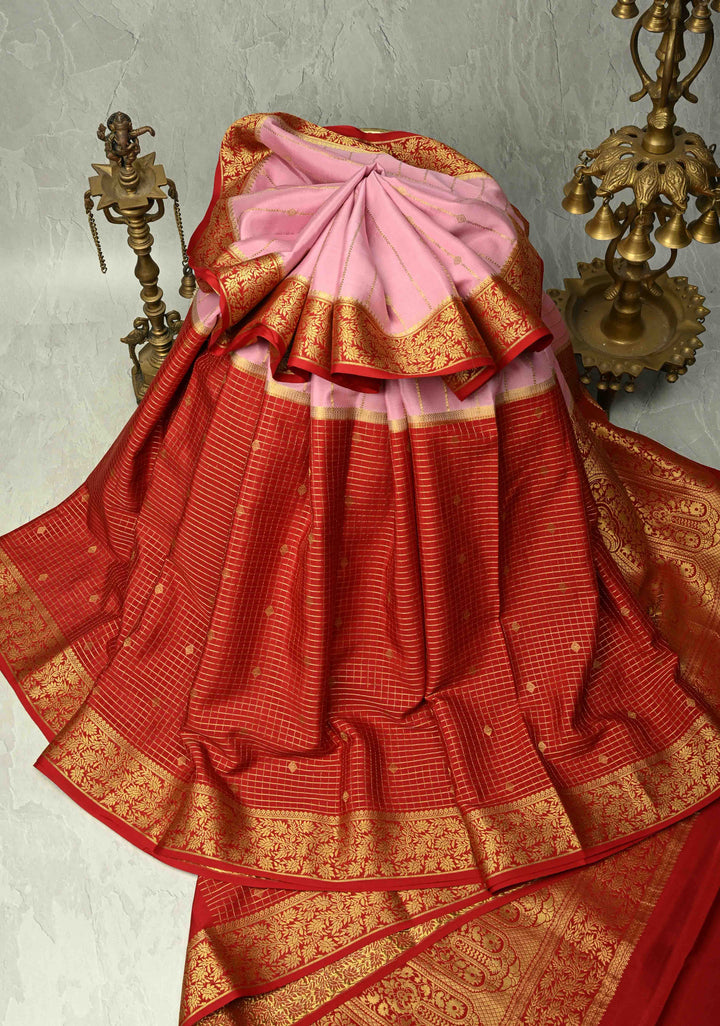 KSIC Grade Thickness Rose Pink- Red Pure Mysore Silk Saree with Vertical Zari Stripes and Contrast Zari border | SILK MARK CERTIFIED