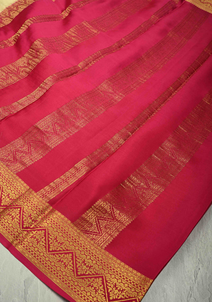 KSIC Grade Thickness Cream Pure Mysore Silk Saree with Zari Buttas and Contrast Zari Border | SILK MARK CERTIFIED