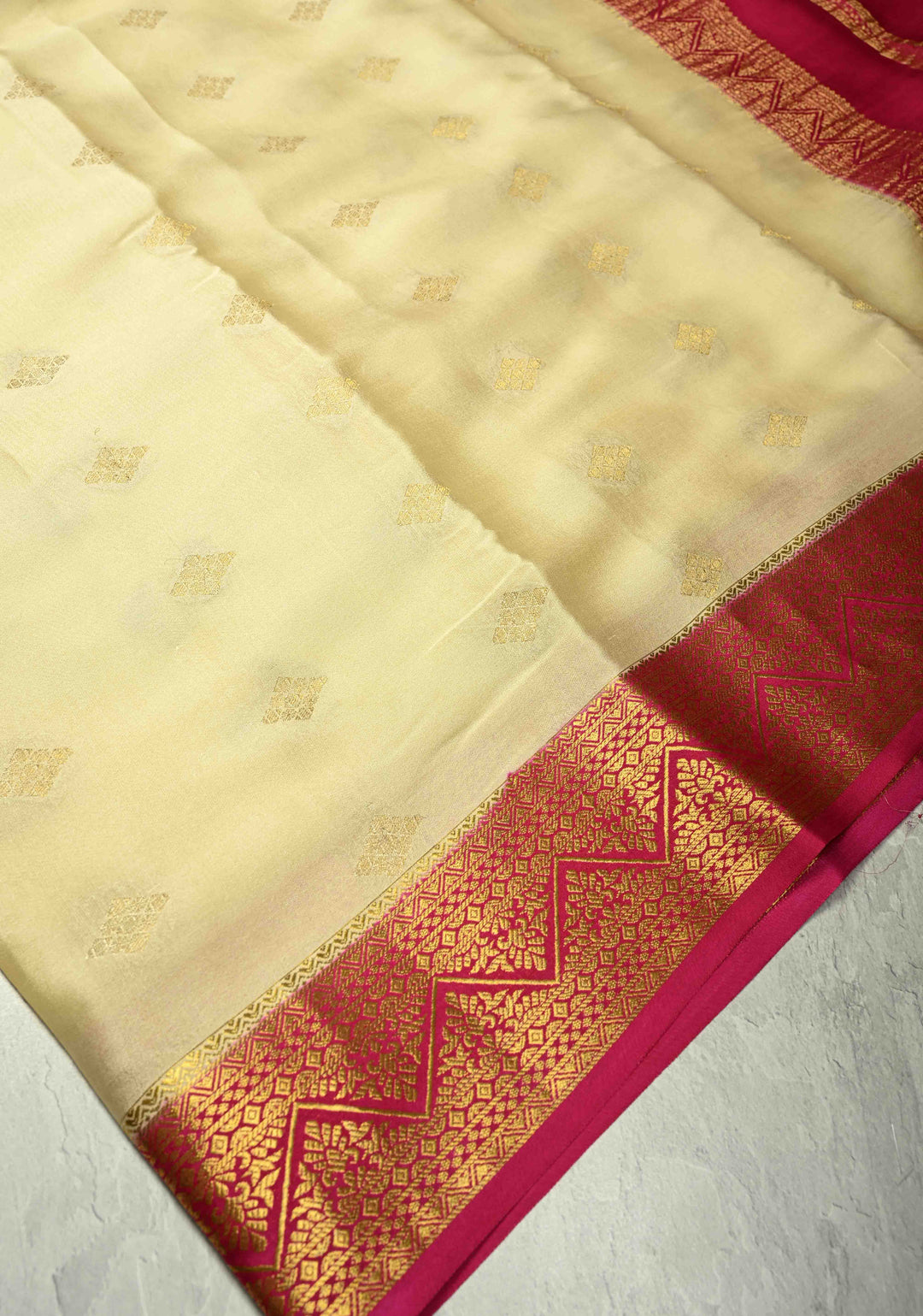 KSIC Grade Thickness Cream Pure Mysore Silk Saree with Zari Buttas and Contrast Zari Border | SILK MARK CERTIFIED