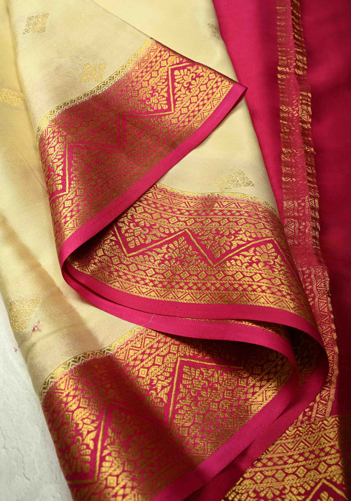 KSIC Grade Thickness Cream Pure Mysore Silk Saree with Zari Buttas and Contrast Zari Border | SILK MARK CERTIFIED