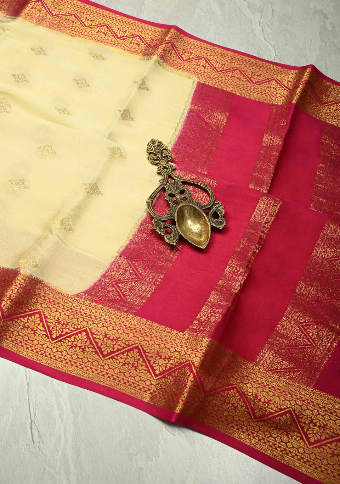 KSIC Grade Thickness Cream Pure Mysore Silk Saree with Zari Buttas and Contrast Zari Border | SILK MARK CERTIFIED