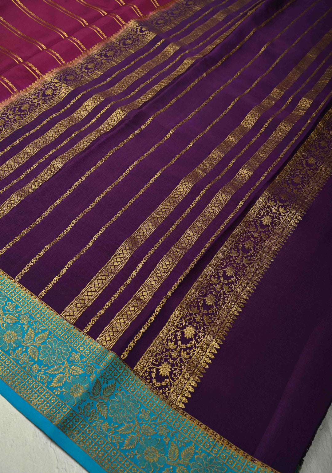 KSIC Grade Thickness Purple Zari Stripes on Mysore Silk Saree with Panel Design-Buttis and Ganga Jamuna Border| SILK MARK CERTIFIED