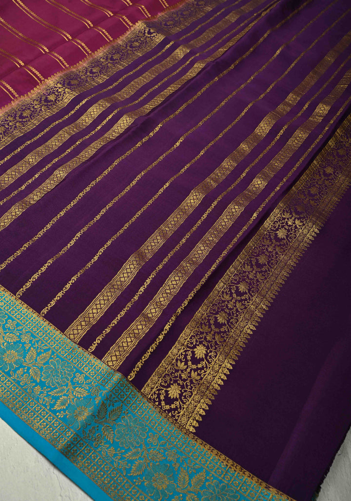 KSIC Grade Thickness Purple Zari Stripes on Mysore Silk Saree with Panel Design-Buttis and Ganga Jamuna Border| SILK MARK CERTIFIED