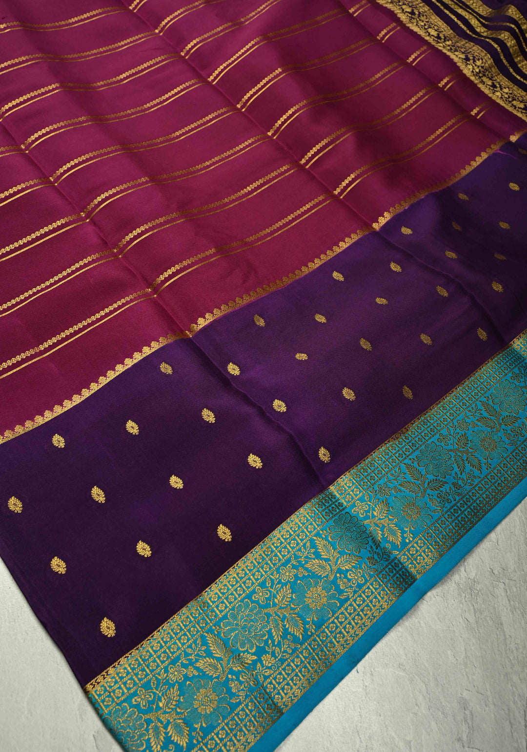 KSIC Grade Thickness Purple Zari Stripes on Mysore Silk Saree with Panel Design-Buttis and Ganga Jamuna Border| SILK MARK CERTIFIED