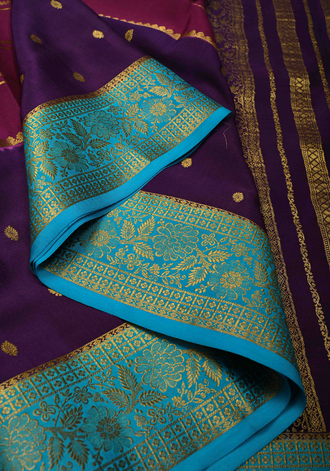 KSIC Grade Thickness Purple Zari Stripes on Mysore Silk Saree with Panel Design-Buttis and Ganga Jamuna Border| SILK MARK CERTIFIED