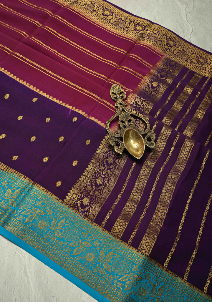 KSIC Grade Thickness Purple Zari Stripes on Mysore Silk Saree with Panel Design-Buttis and Ganga Jamuna Border| SILK MARK CERTIFIED