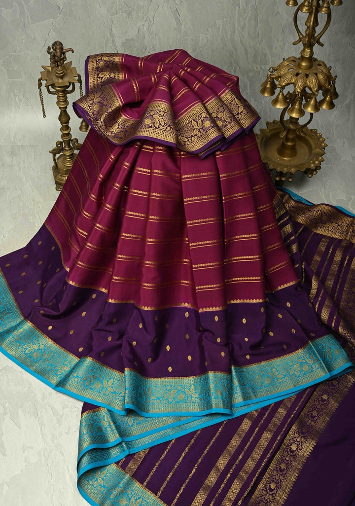KSIC Grade Thickness Purple Zari Stripes on Mysore Silk Saree with Panel Design-Buttis and Ganga Jamuna Border| SILK MARK CERTIFIED