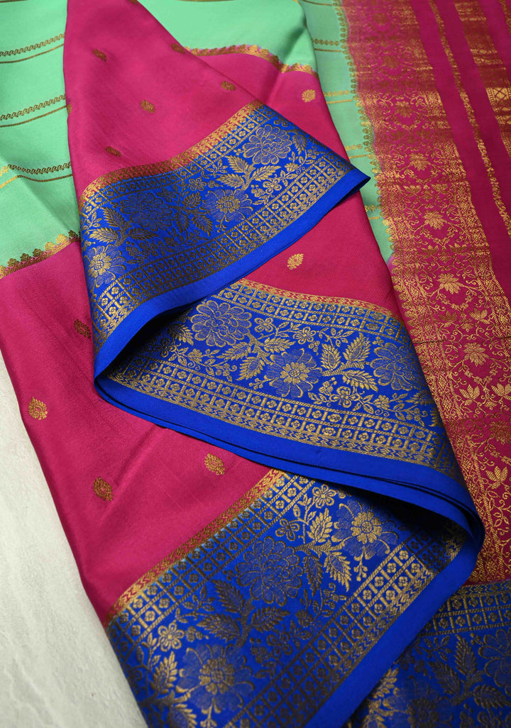 KSIC Grade Thickness Spring Green Mysore Silk Saree with Horizontal Zari Stripes and Contrast Zari Border| SILK MARK CERTIFIED