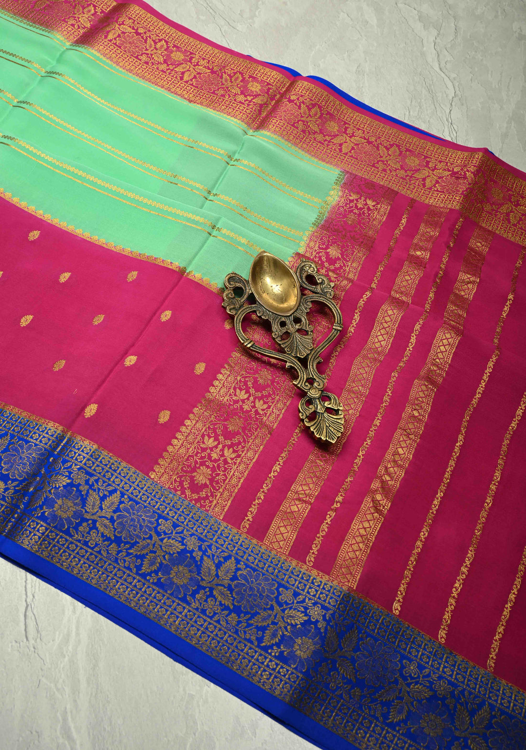 KSIC Grade Thickness Spring Green Mysore Silk Saree with Horizontal Zari Stripes and Contrast Zari Border| SILK MARK CERTIFIED