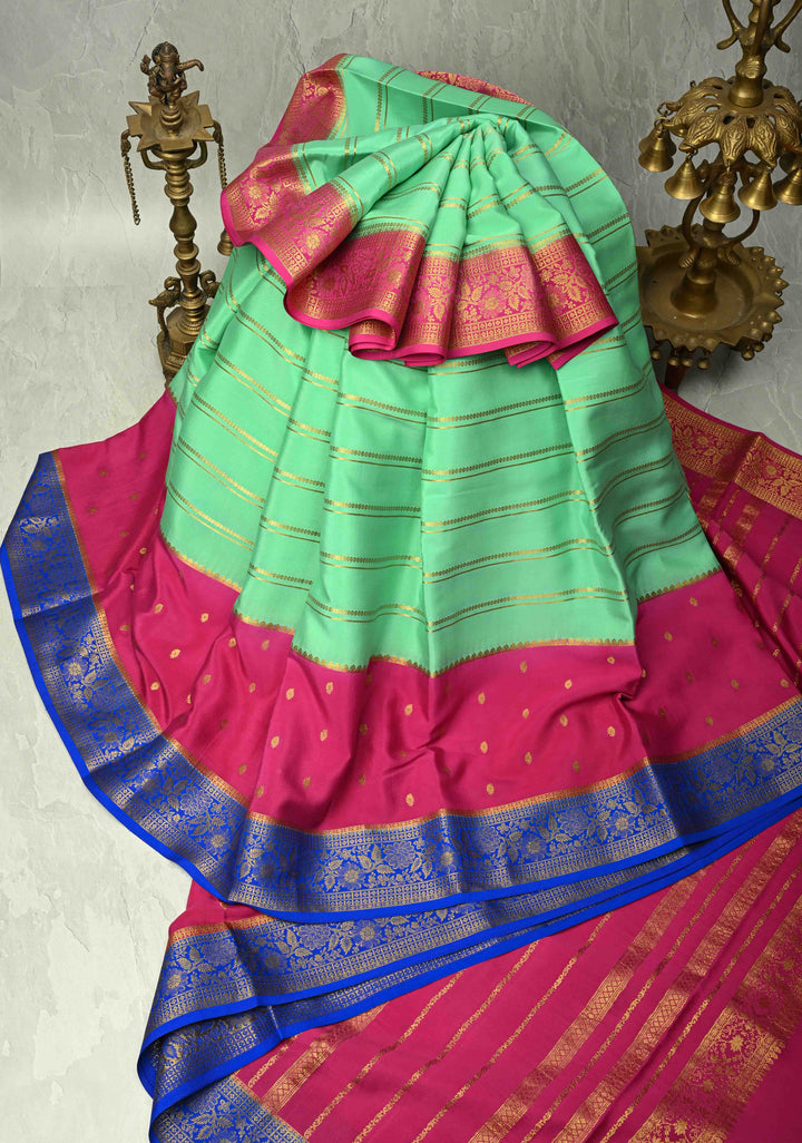 KSIC Grade Thickness Spring Green Mysore Silk Saree with Horizontal Zari Stripes and Contrast Zari Border| SILK MARK CERTIFIED